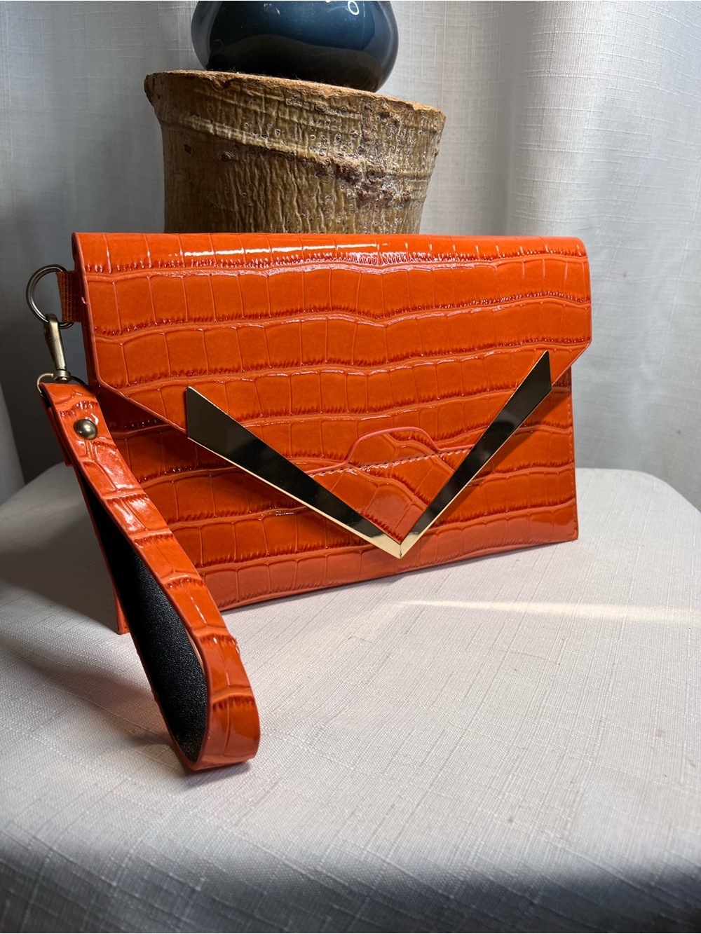Orange Croc Embossed Envelope Clutch Wristlet Gold hardware -Game Day